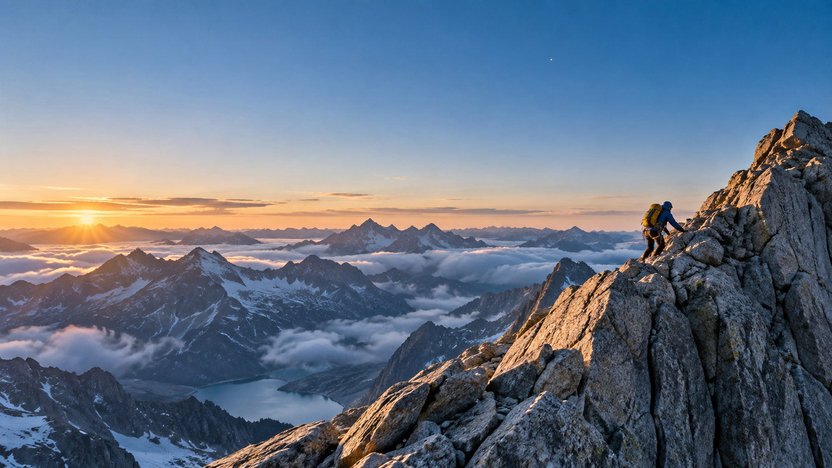 A climber ascending an alpine granite ridge at dawn